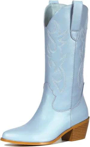 MUCCCUTE Cowboy Boots for Women Cowgirl Boots Wide Calf Pointed Toe Embroidered Fashion Western Chunky Pull On