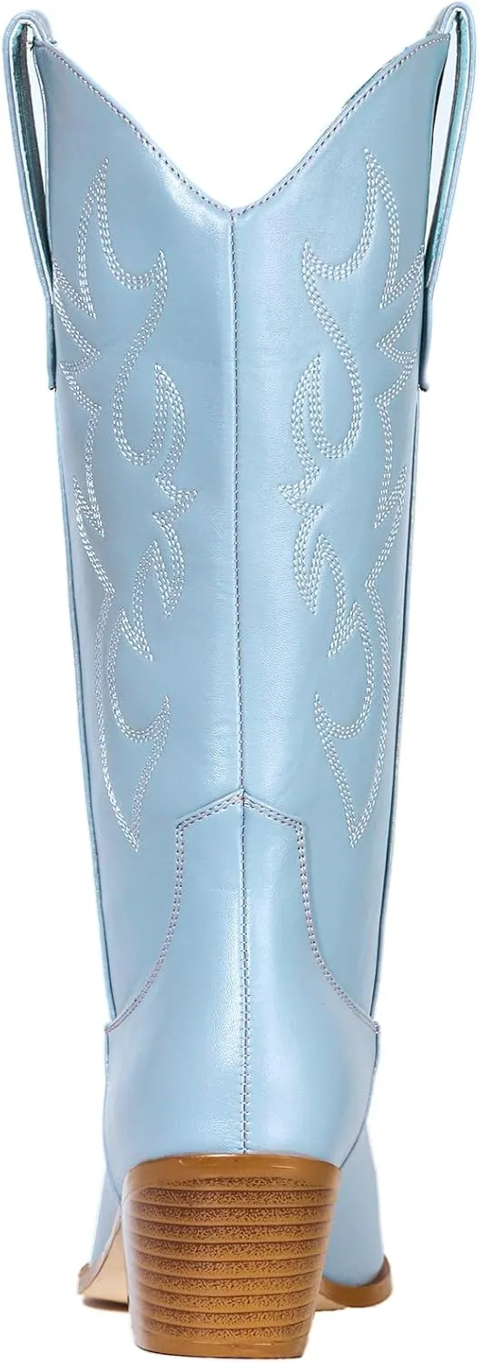 MUCCCUTE Cowboy Boots for Women Cowgirl Boots Wide Calf Pointed Toe Embroidered Fashion Western Chunky Pull On