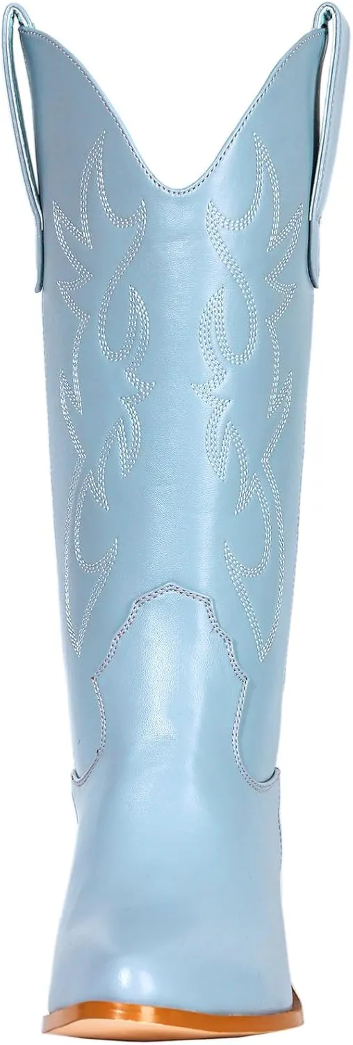 MUCCCUTE Cowboy Boots for Women Cowgirl Boots Wide Calf Pointed Toe Embroidered Fashion Western Chunky Pull On