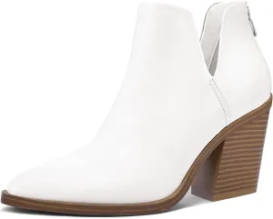 mysoft Women's Ankle Boots Slip on Cutout Pointed Toe Chunky Stacked Mid Heel Booties