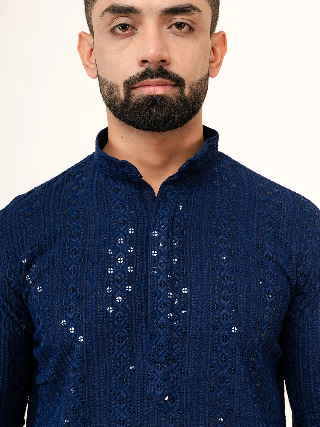 Navy Blue Sequence Designer Cotton Embroidered kurta for Men