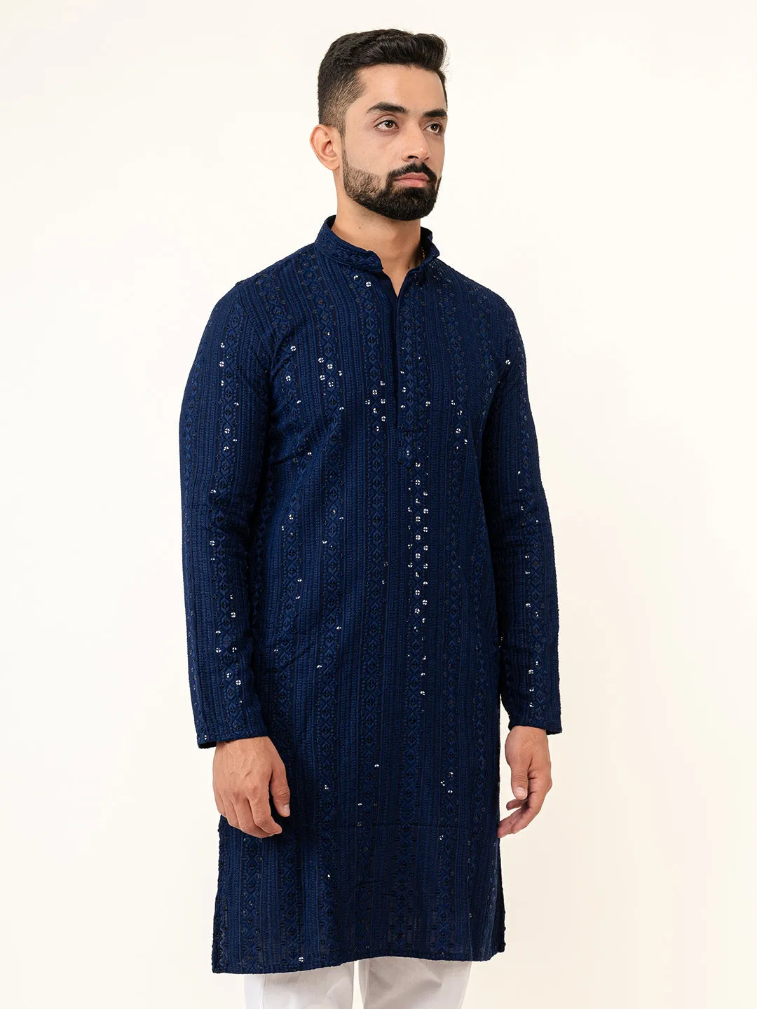 Navy Blue Sequence Designer Cotton Embroidered kurta for Men