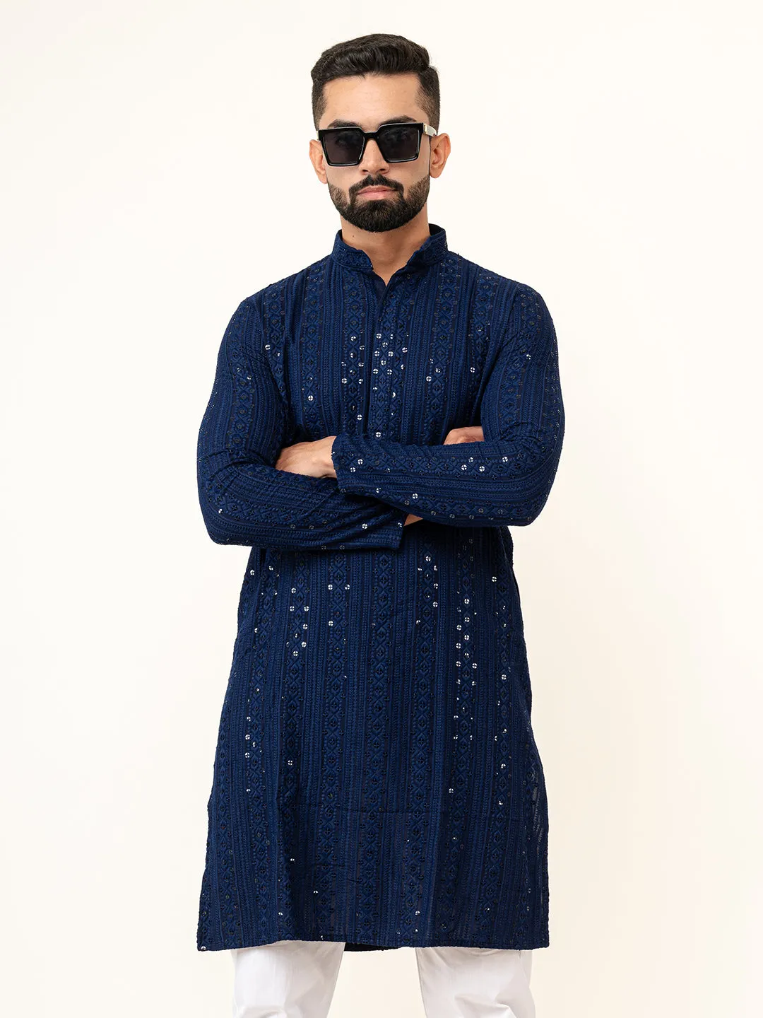 Navy Blue Sequence Designer Cotton Embroidered kurta for Men
