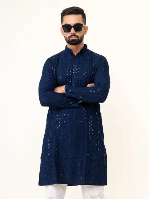 Navy Blue Sequence Designer Cotton Embroidered kurta for Men