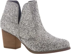 Not Rated Fiera High Heel V-Cut Boot, Sparkly Ankle Boots for Women with Almond Toe, Dress Shoe with 2-3/4" Stacked Block Heel