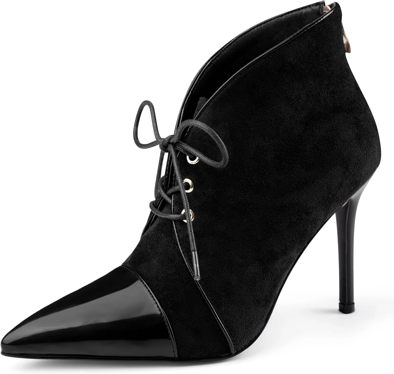 Oh Mispares Women’s Pointed Toe Booties Stiletto Heel Lace up Back Zipper Suede Patent Leather Splicing Ankle Boots 4 Inch Dress Heels
