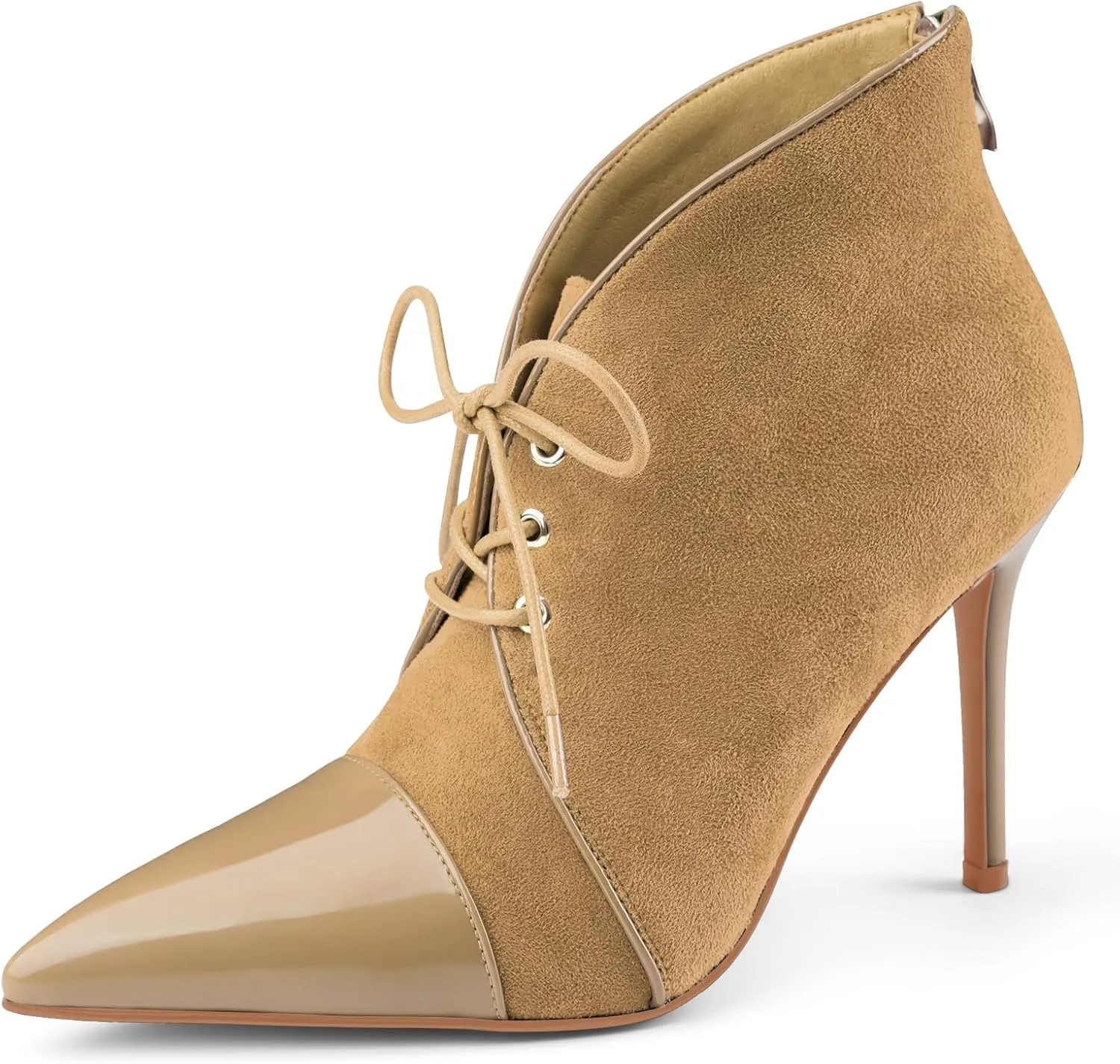 Oh Mispares Women’s Pointed Toe Booties Stiletto Heel Lace up Back Zipper Suede Patent Leather Splicing Ankle Boots 4 Inch Dress Heels