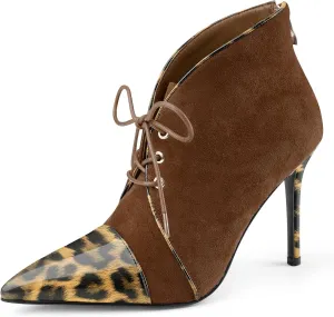 Oh Mispares Women’s Pointed Toe Booties Stiletto Heel Lace up Back Zipper Suede Patent Leather Splicing Ankle Boots 4 Inch Dress Heels