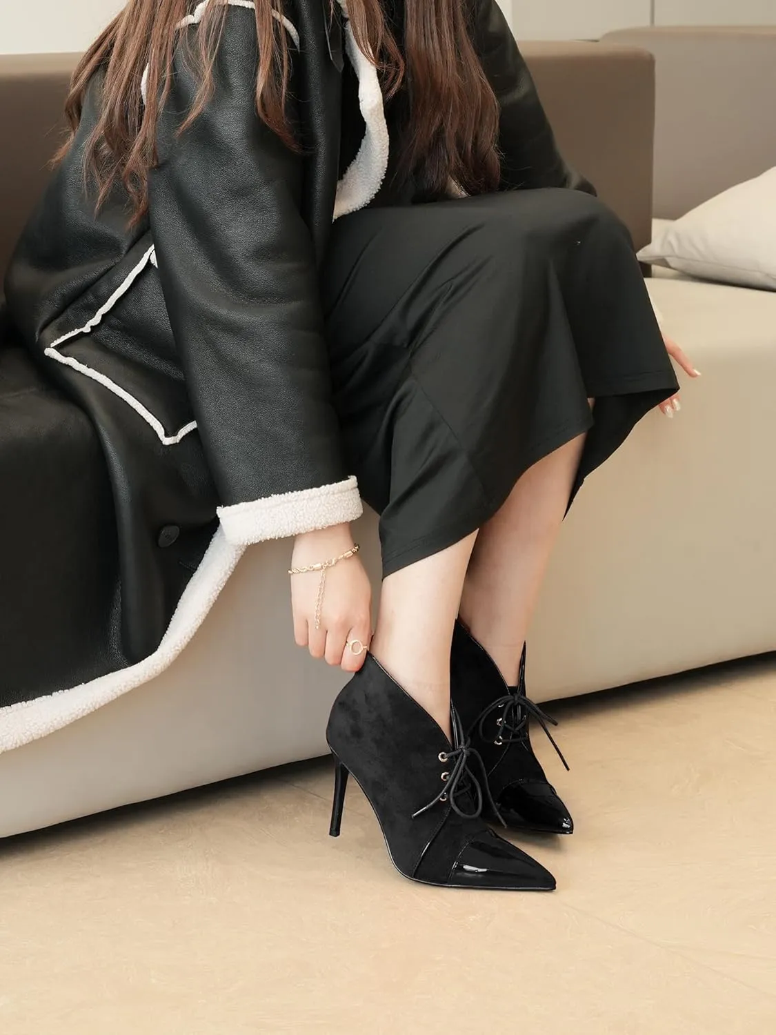 Oh Mispares Women’s Pointed Toe Booties Stiletto Heel Lace up Back Zipper Suede Patent Leather Splicing Ankle Boots 4 Inch Dress Heels