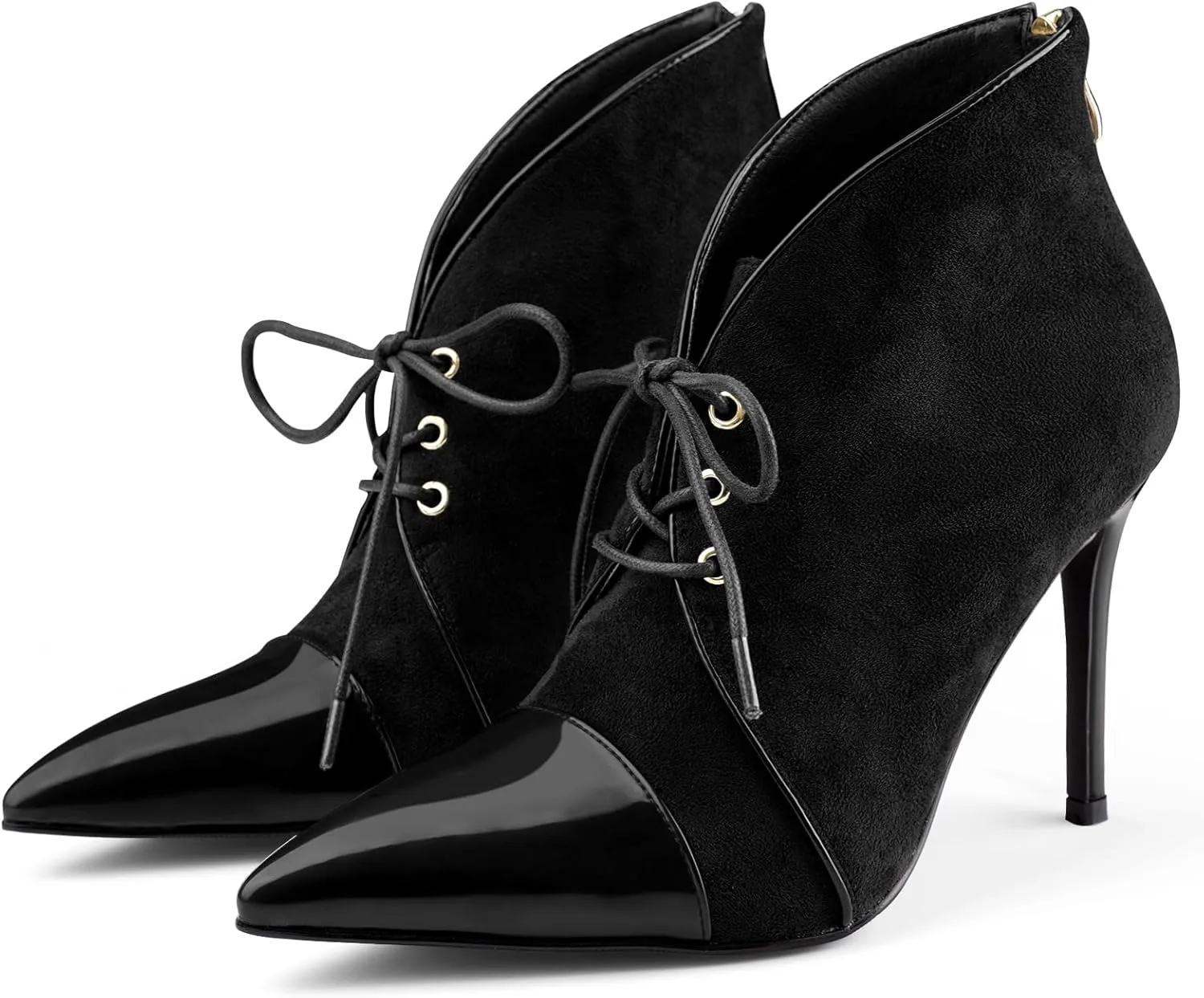 Oh Mispares Women’s Pointed Toe Booties Stiletto Heel Lace up Back Zipper Suede Patent Leather Splicing Ankle Boots 4 Inch Dress Heels