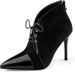 Oh Mispares Women’s Pointed Toe Booties Stiletto Heel Lace up Back Zipper Suede Patent Leather Splicing Ankle Boots 4 Inch Dress Heels