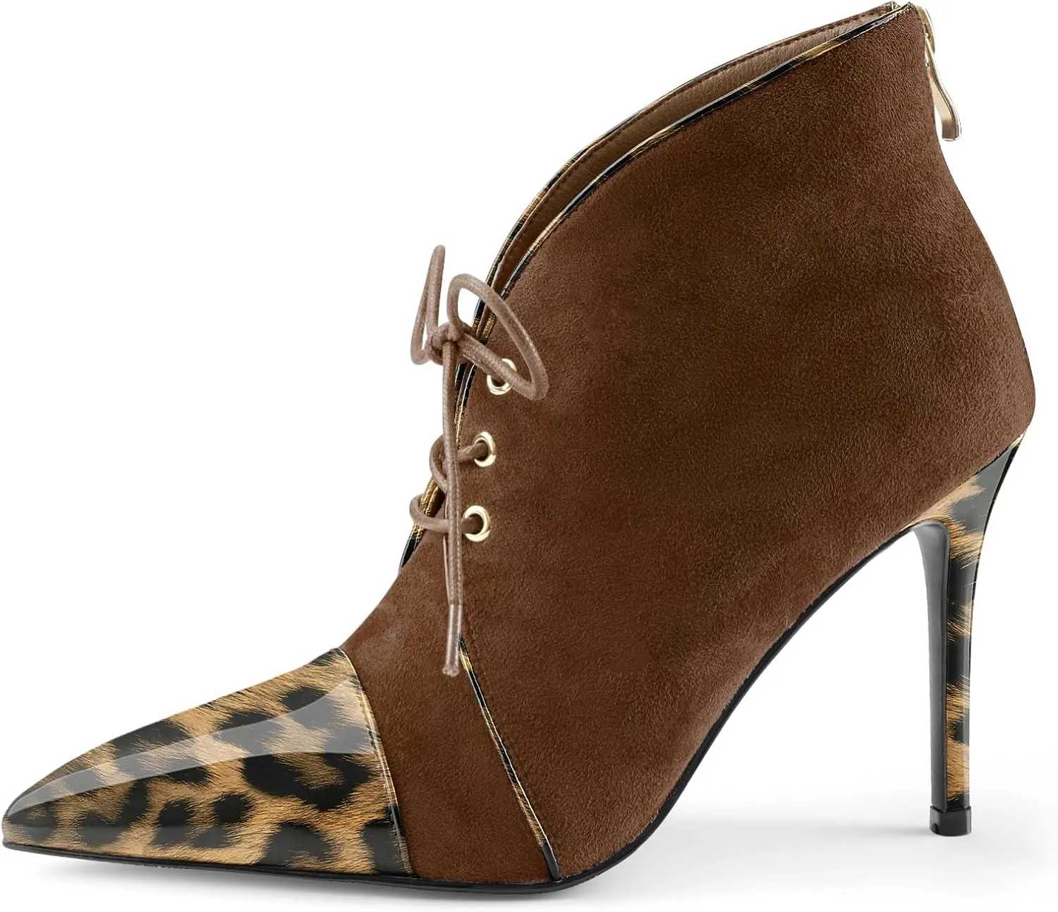 Oh Mispares Women’s Pointed Toe Booties Stiletto Heel Lace up Back Zipper Suede Patent Leather Splicing Ankle Boots 4 Inch Dress Heels