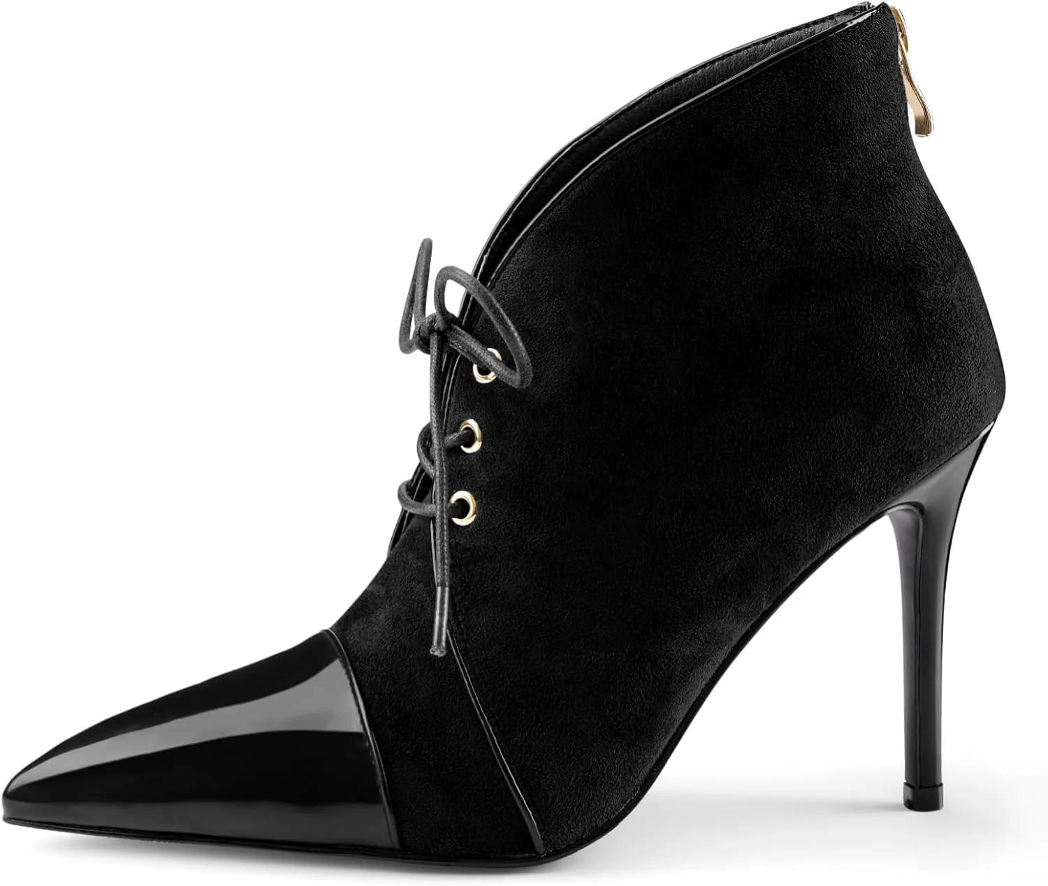 Oh Mispares Women’s Pointed Toe Booties Stiletto Heel Lace up Back Zipper Suede Patent Leather Splicing Ankle Boots 4 Inch Dress Heels
