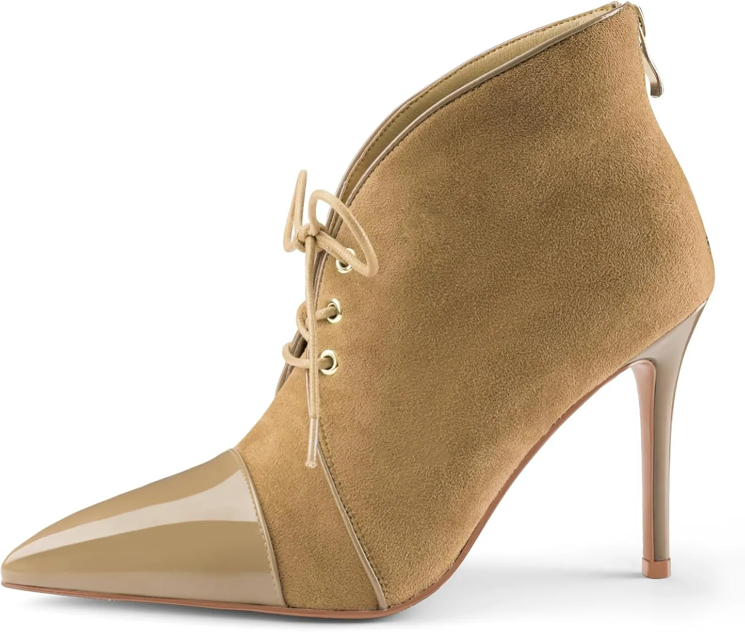 Oh Mispares Women’s Pointed Toe Booties Stiletto Heel Lace up Back Zipper Suede Patent Leather Splicing Ankle Boots 4 Inch Dress Heels