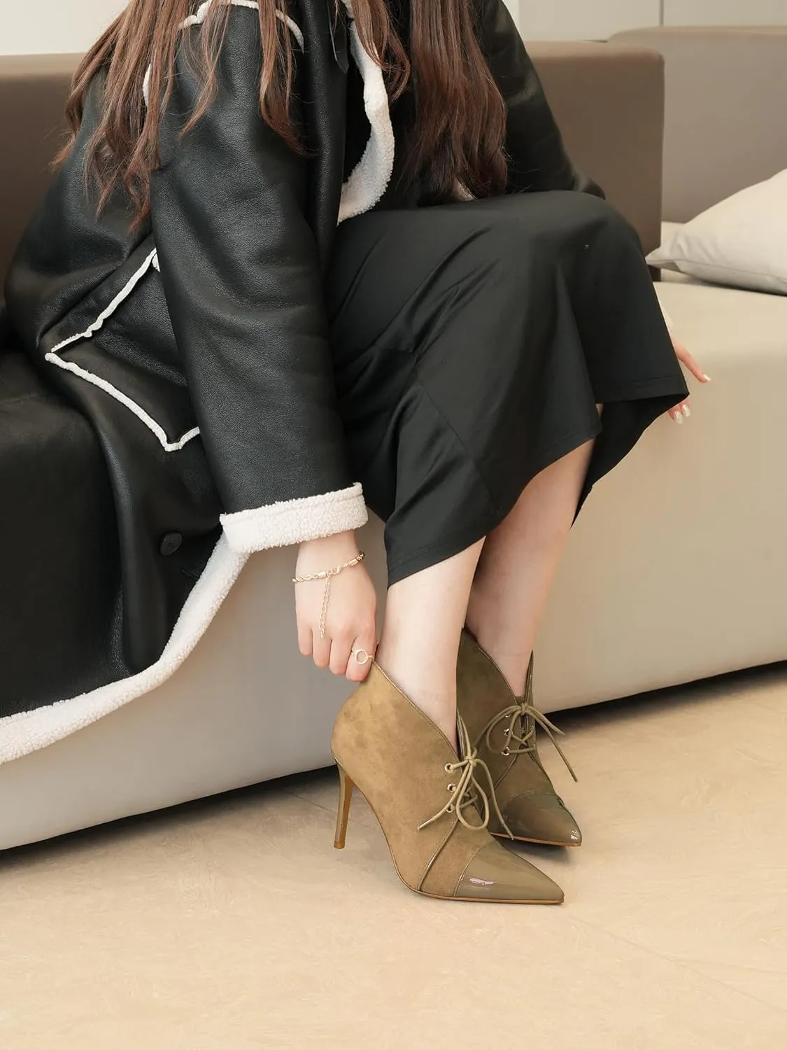 Oh Mispares Women’s Pointed Toe Booties Stiletto Heel Lace up Back Zipper Suede Patent Leather Splicing Ankle Boots 4 Inch Dress Heels