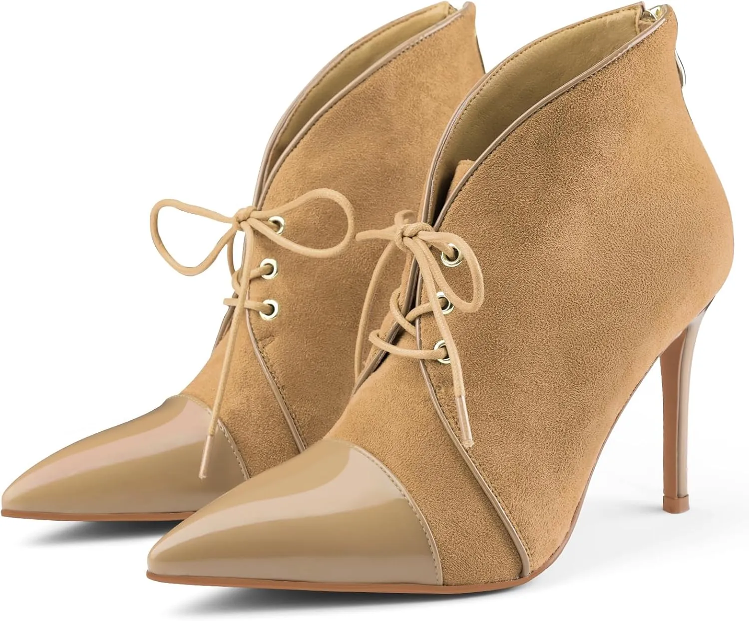 Oh Mispares Women’s Pointed Toe Booties Stiletto Heel Lace up Back Zipper Suede Patent Leather Splicing Ankle Boots 4 Inch Dress Heels
