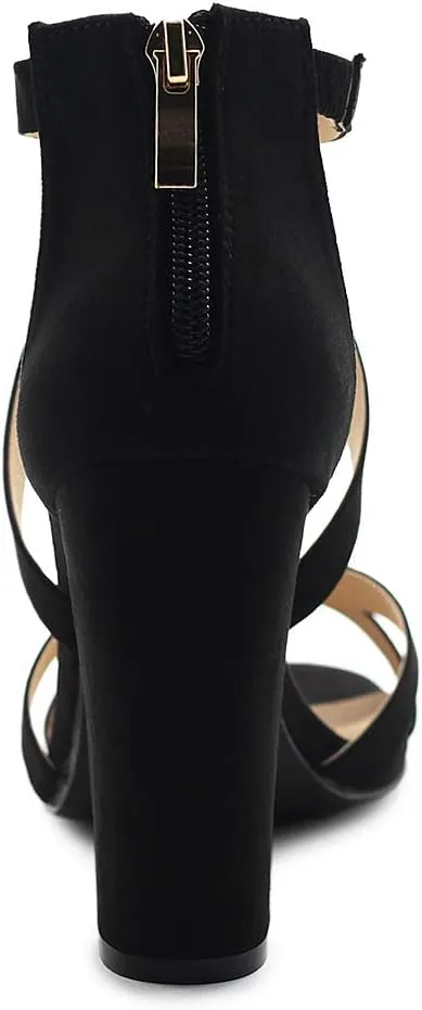 Ollio Women's Shoes Faux Suede or Faux Leather Ankle Toe Cross Strap Zip Up High Heels Pumps Sandals H98