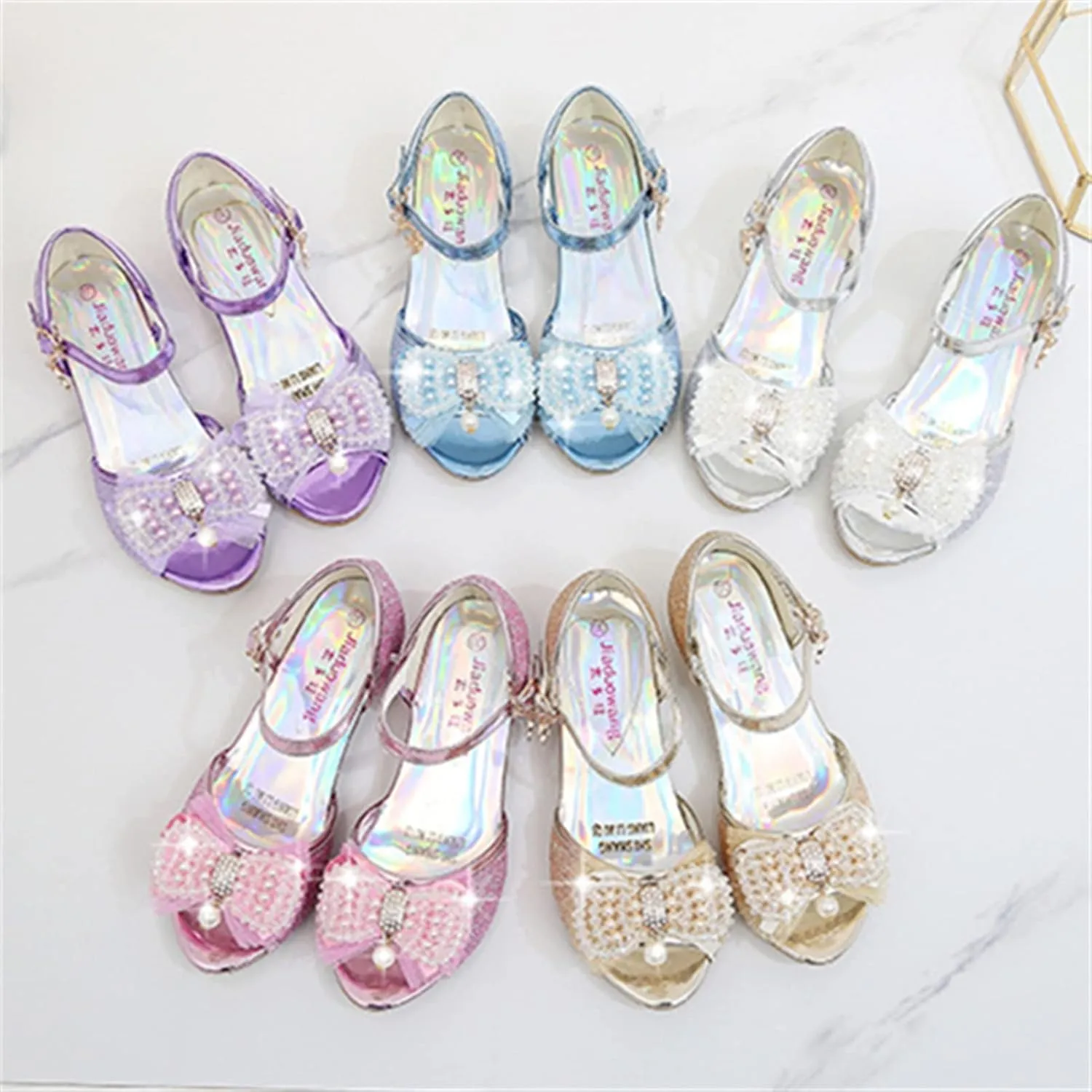 OMEARK Girls Dress Wedding Party Shoes Peep Toe Sparkly Cosplay Low Heel Princess Shoes Glitter Sequins Pearls Butterfly Ankle Strap Fashion Sandals for Kids Toddler