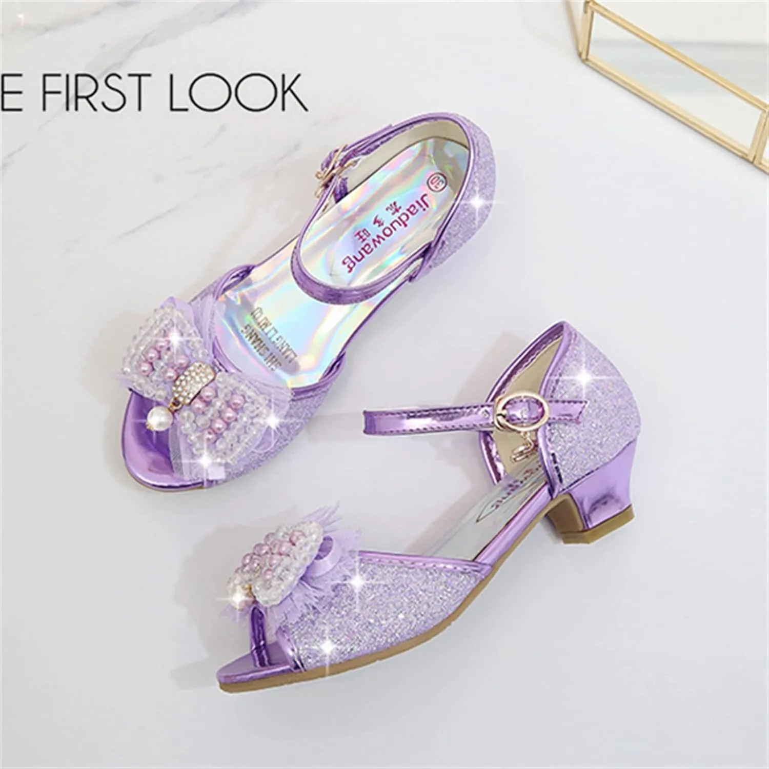 OMEARK Girls Dress Wedding Party Shoes Peep Toe Sparkly Cosplay Low Heel Princess Shoes Glitter Sequins Pearls Butterfly Ankle Strap Fashion Sandals for Kids Toddler