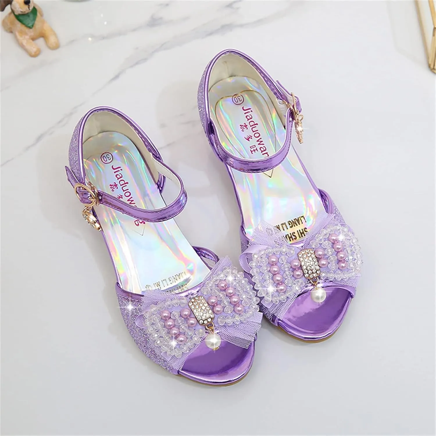 OMEARK Girls Dress Wedding Party Shoes Peep Toe Sparkly Cosplay Low Heel Princess Shoes Glitter Sequins Pearls Butterfly Ankle Strap Fashion Sandals for Kids Toddler