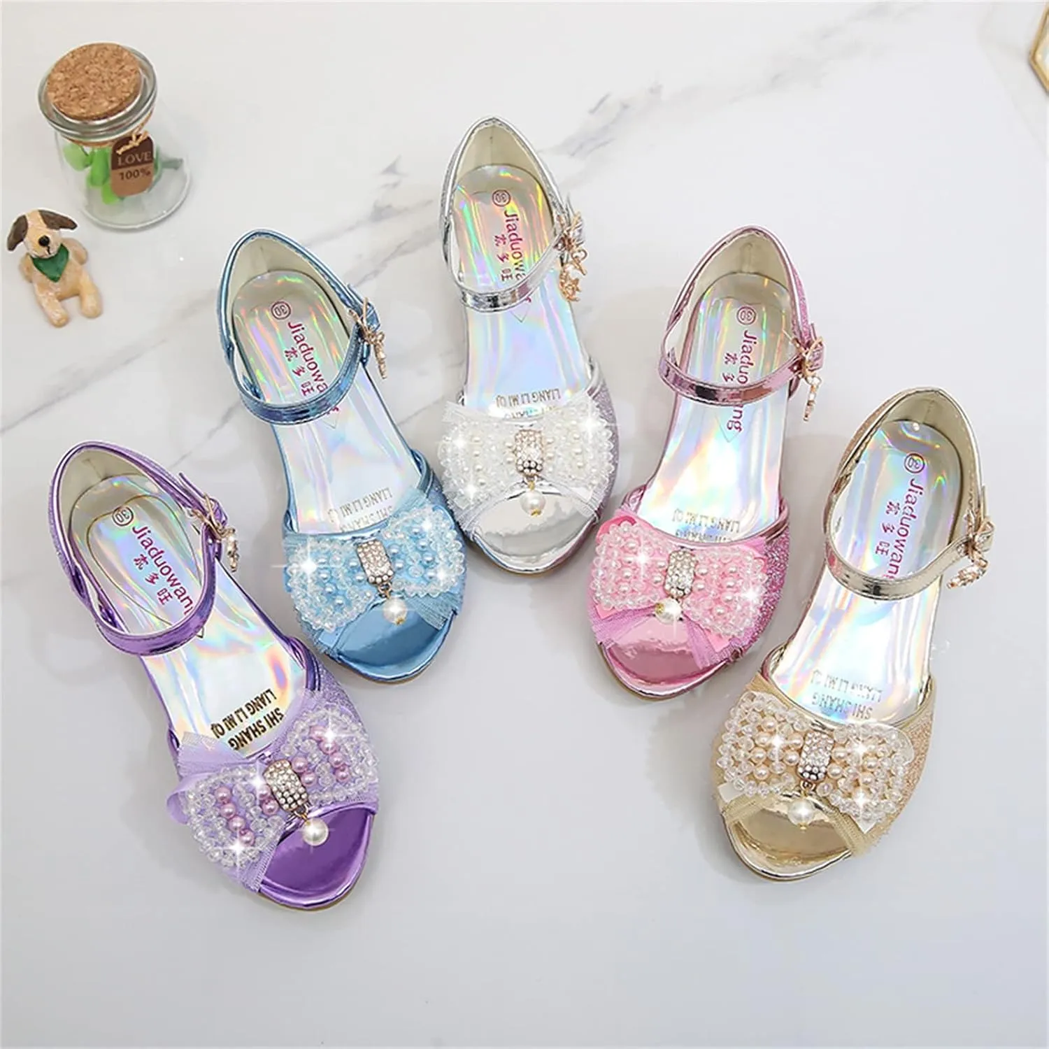 OMEARK Girls Dress Wedding Party Shoes Peep Toe Sparkly Cosplay Low Heel Princess Shoes Glitter Sequins Pearls Butterfly Ankle Strap Fashion Sandals for Kids Toddler