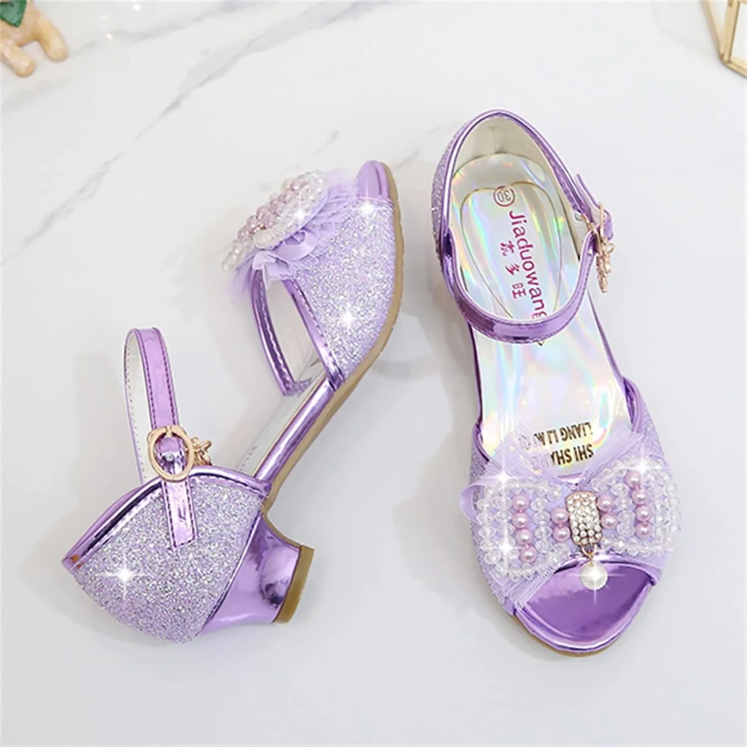 OMEARK Girls Dress Wedding Party Shoes Peep Toe Sparkly Cosplay Low Heel Princess Shoes Glitter Sequins Pearls Butterfly Ankle Strap Fashion Sandals for Kids Toddler