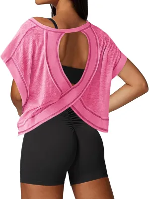Open Back Workout Tops for Women Loose Fit Athletic Crop Tee Short Sleeve Gym Running Yoga Shirt