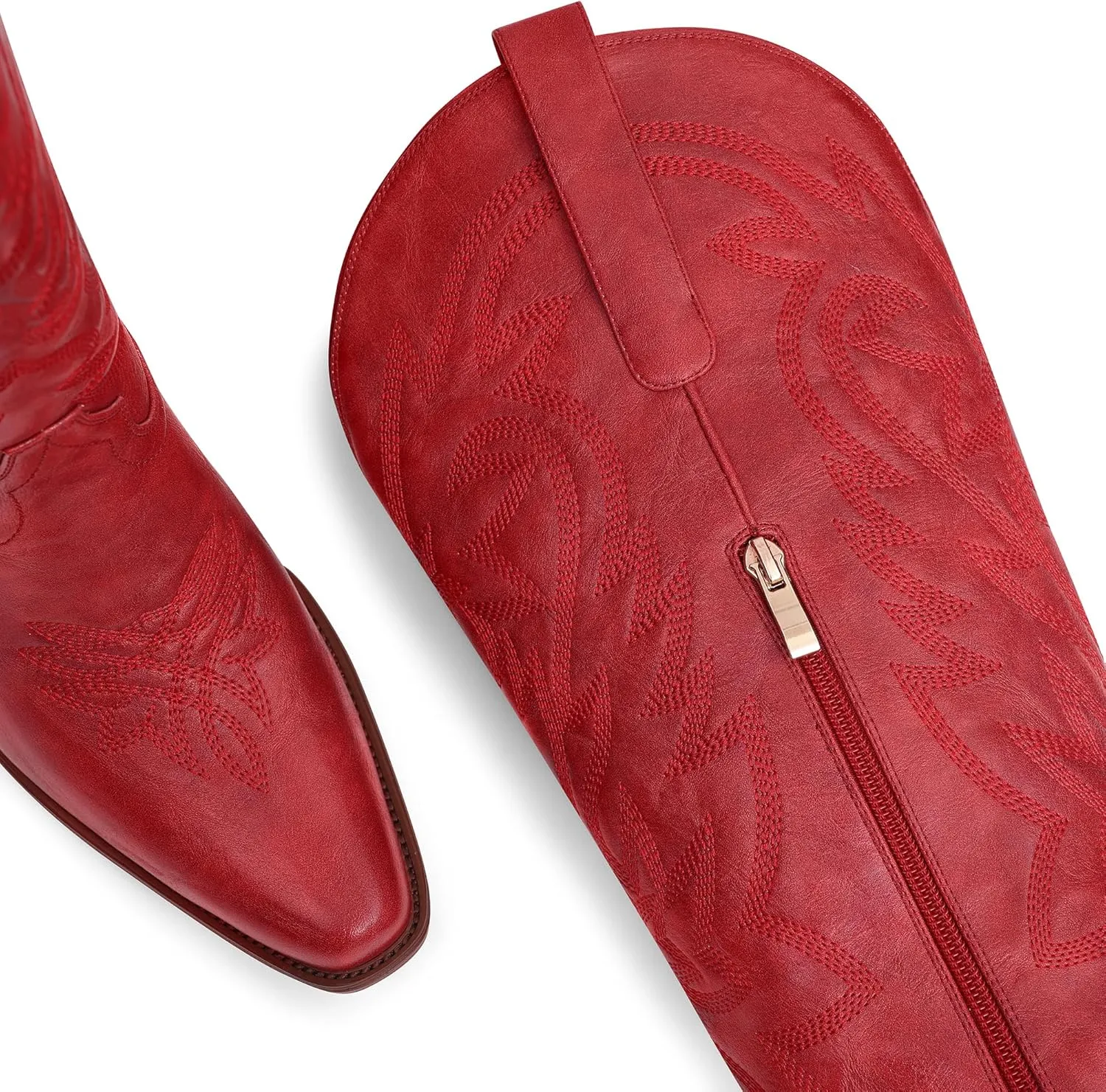 Ouepiano Cowboy Boots for Women Cowgirl Knee High Boots with Classic Embroidered Pull On & Side Zipper Pointed Toe Chunky Heel Vintage Country Western Botas