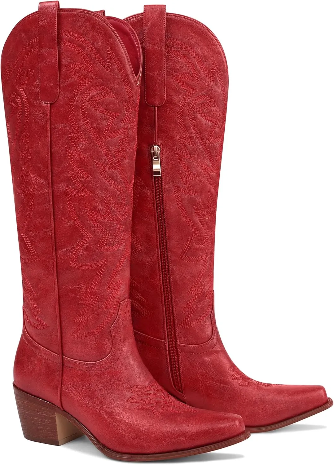 Ouepiano Cowboy Boots for Women Cowgirl Knee High Boots with Classic Embroidered Pull On & Side Zipper Pointed Toe Chunky Heel Vintage Country Western Botas