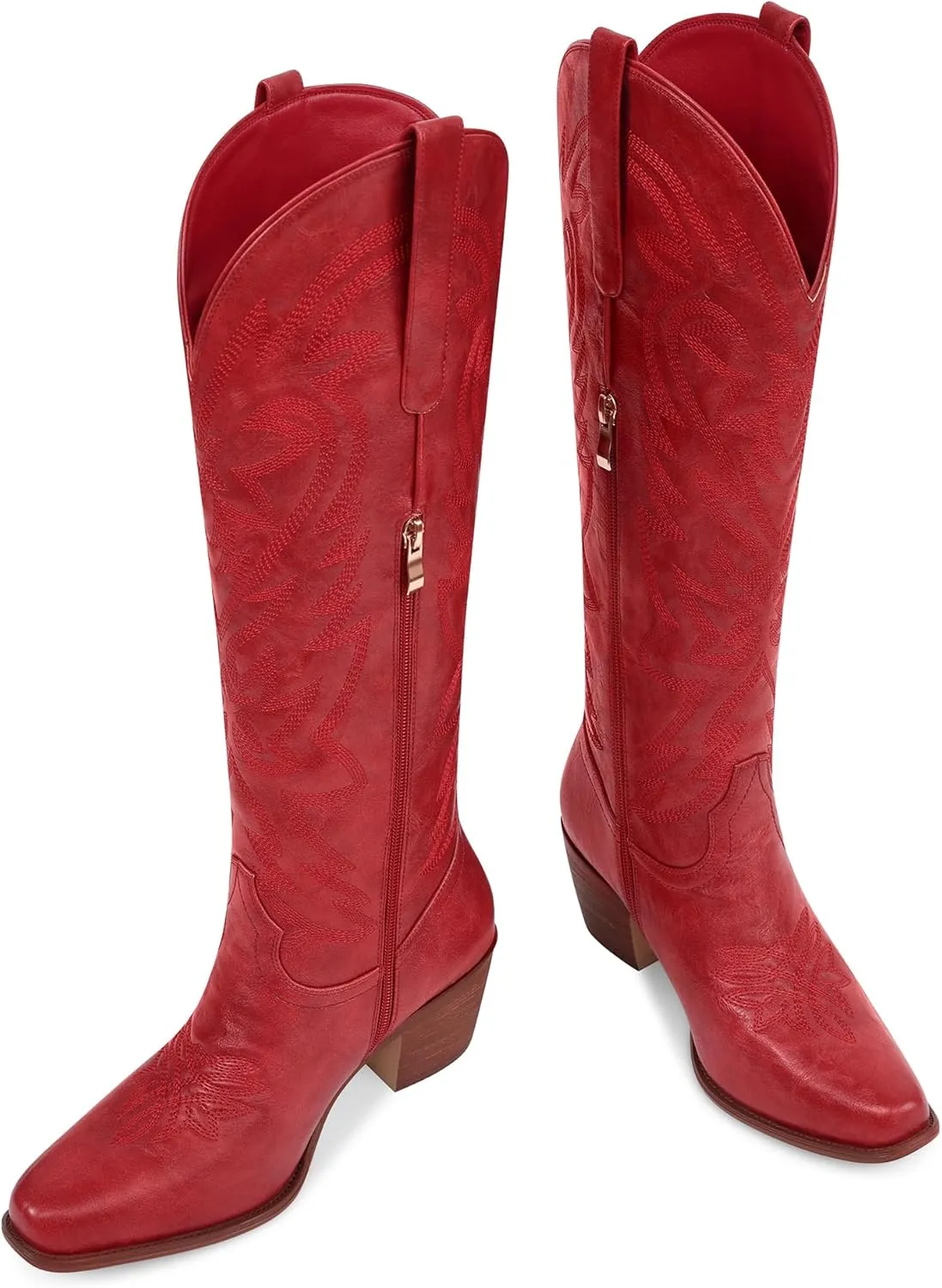 Ouepiano Cowboy Boots for Women Cowgirl Knee High Boots with Classic Embroidered Pull On & Side Zipper Pointed Toe Chunky Heel Vintage Country Western Botas