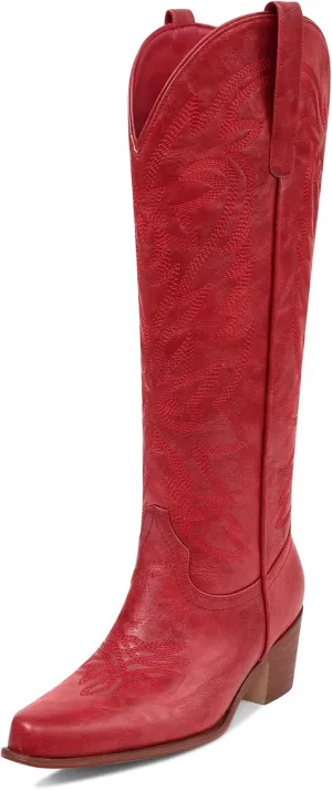 Ouepiano Cowboy Boots for Women Cowgirl Knee High Boots with Classic Embroidered Pull On & Side Zipper Pointed Toe Chunky Heel Vintage Country Western Botas