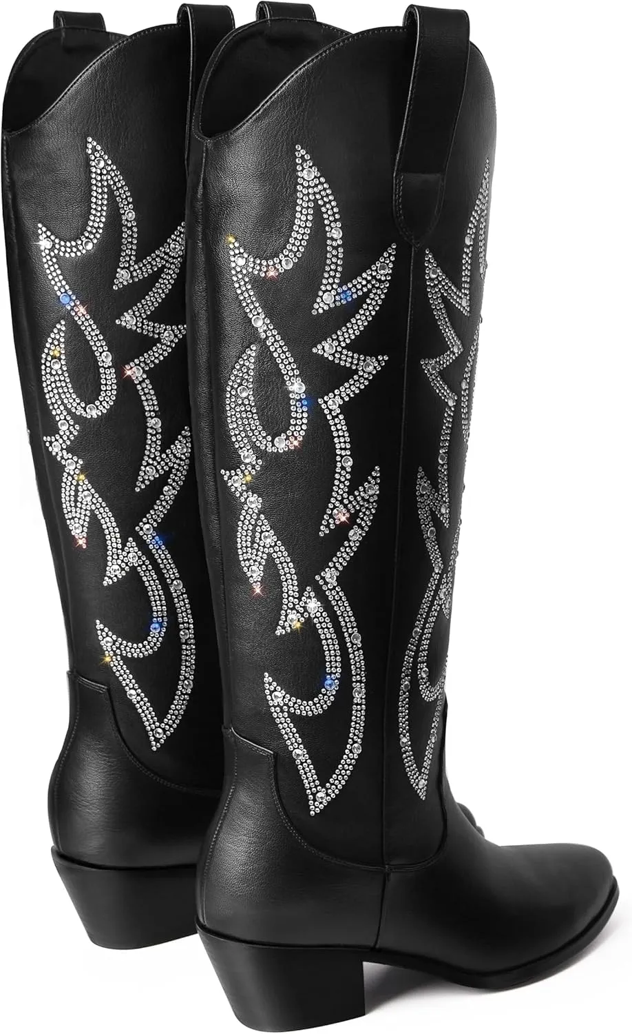 Ouepiano White Cowgirl Boots Women Cowboy Knee High Tall Boots Chunky Heel Pointed Toe Pull-On Western Wide Calf Boats Country Fashion