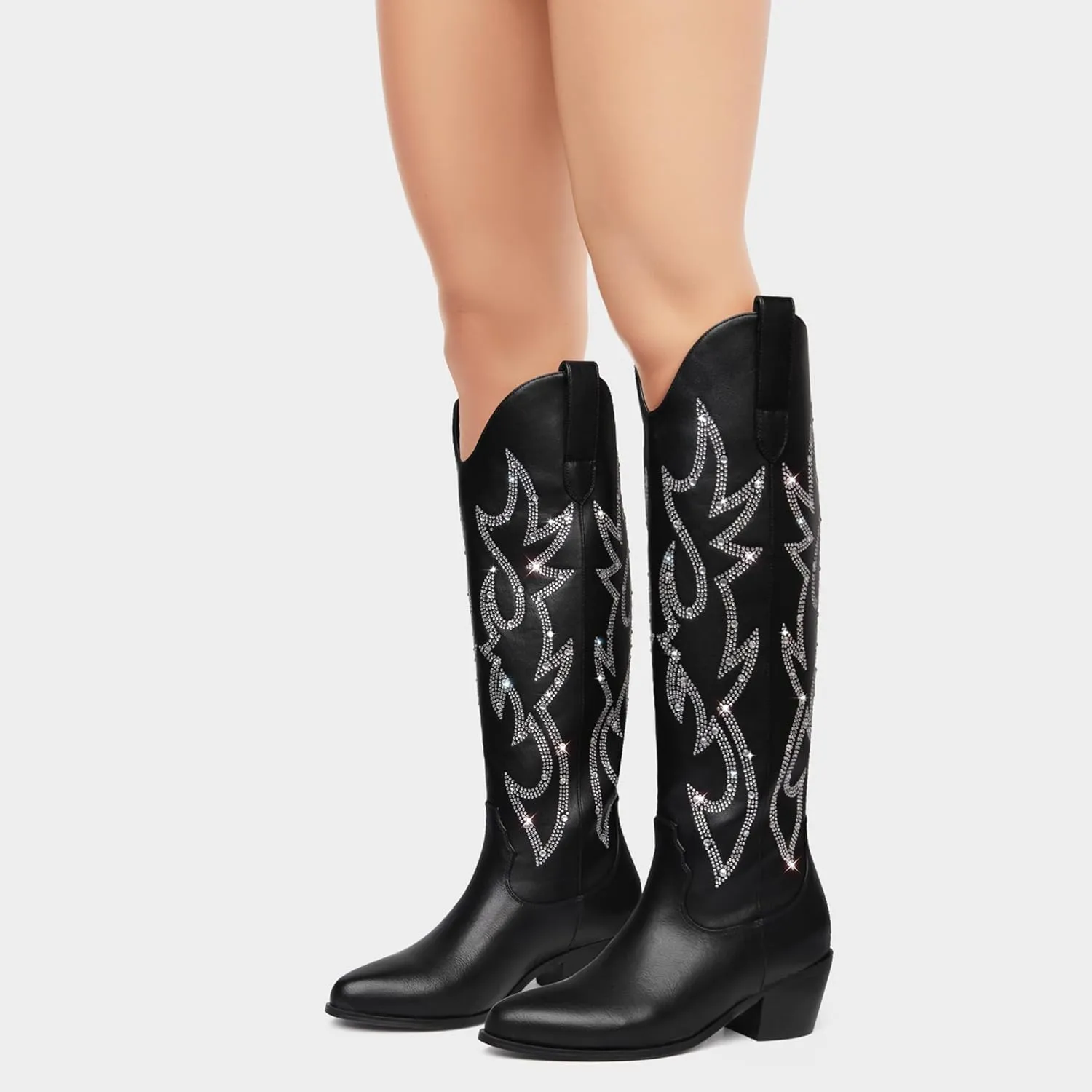 Ouepiano White Cowgirl Boots Women Cowboy Knee High Tall Boots Chunky Heel Pointed Toe Pull-On Western Wide Calf Boats Country Fashion