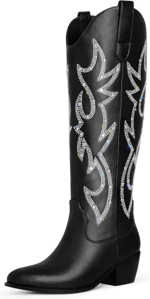 Ouepiano White Cowgirl Boots Women Cowboy Knee High Tall Boots Chunky Heel Pointed Toe Pull-On Western Wide Calf Boats Country Fashion