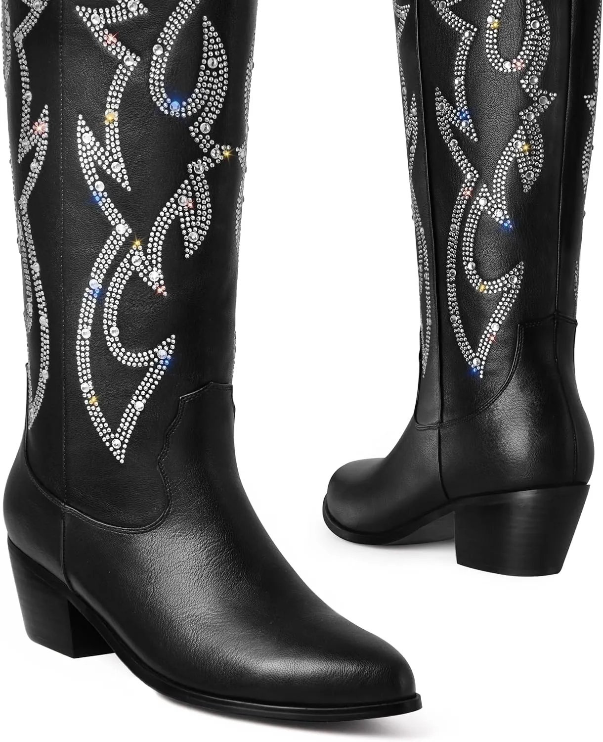 Ouepiano White Cowgirl Boots Women Cowboy Knee High Tall Boots Chunky Heel Pointed Toe Pull-On Western Wide Calf Boats Country Fashion