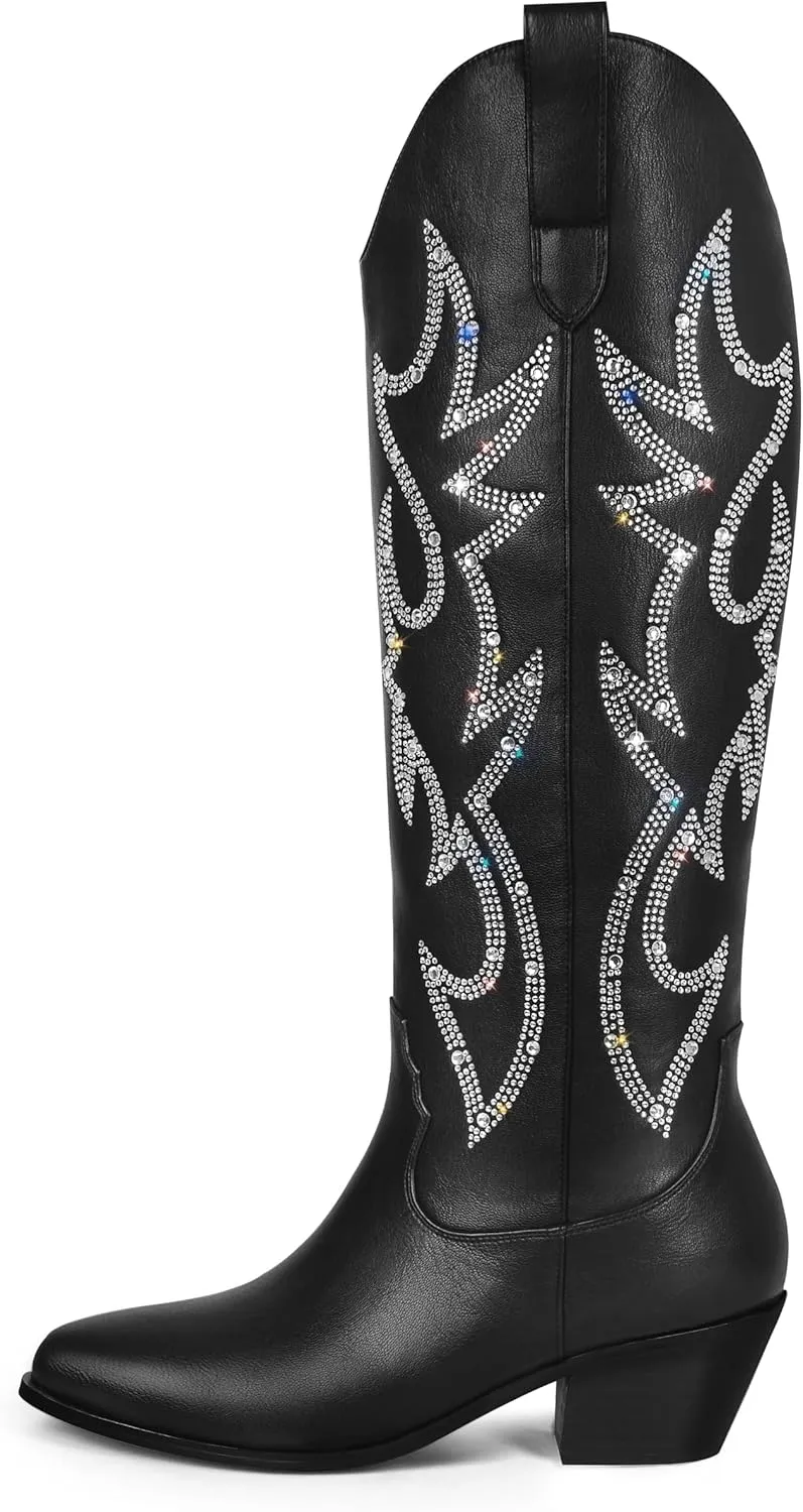 Ouepiano White Cowgirl Boots Women Cowboy Knee High Tall Boots Chunky Heel Pointed Toe Pull-On Western Wide Calf Boats Country Fashion