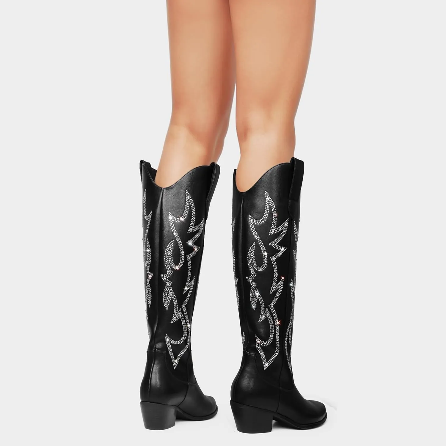 Ouepiano White Cowgirl Boots Women Cowboy Knee High Tall Boots Chunky Heel Pointed Toe Pull-On Western Wide Calf Boats Country Fashion
