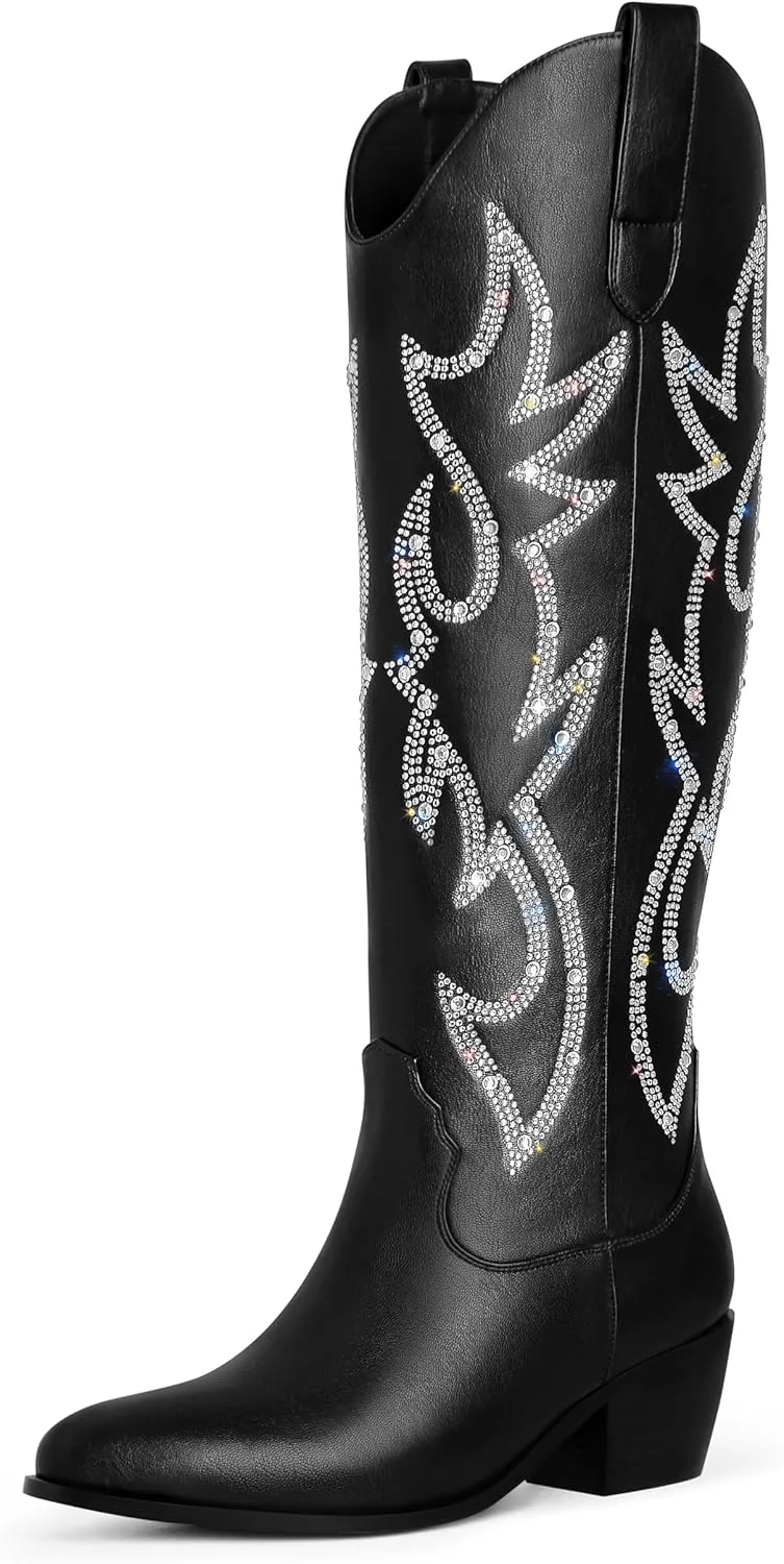 Ouepiano White Cowgirl Boots Women Cowboy Knee High Tall Boots Chunky Heel Pointed Toe Pull-On Western Wide Calf Boats Country Fashion