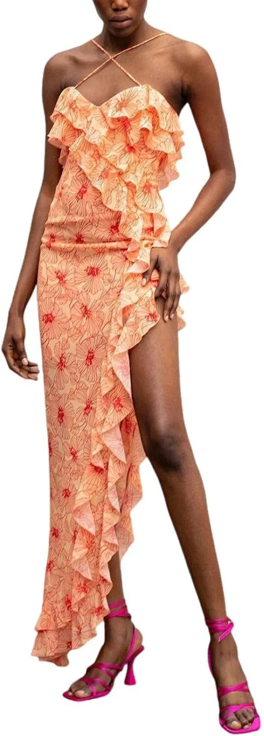 OUSHOP Womens Boho Floral Maxi Dresses Spaghetti Strap Casual Sleeveless Cake Dress Tiered Ruffle Flowy Tiered Dress