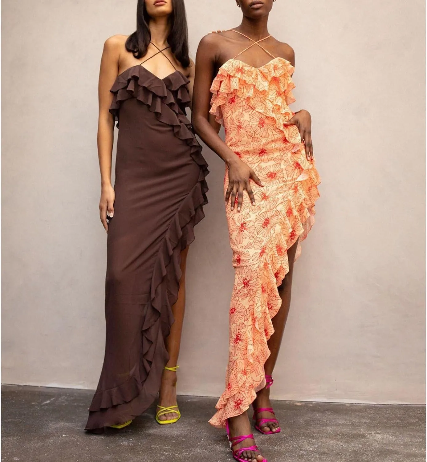 OUSHOP Womens Boho Floral Maxi Dresses Spaghetti Strap Casual Sleeveless Cake Dress Tiered Ruffle Flowy Tiered Dress
