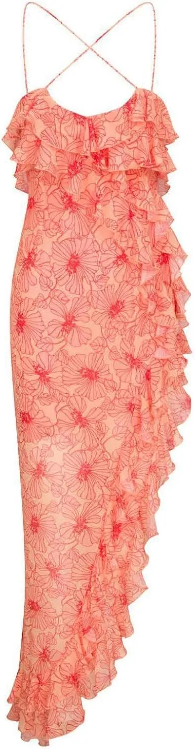 OUSHOP Womens Boho Floral Maxi Dresses Spaghetti Strap Casual Sleeveless Cake Dress Tiered Ruffle Flowy Tiered Dress