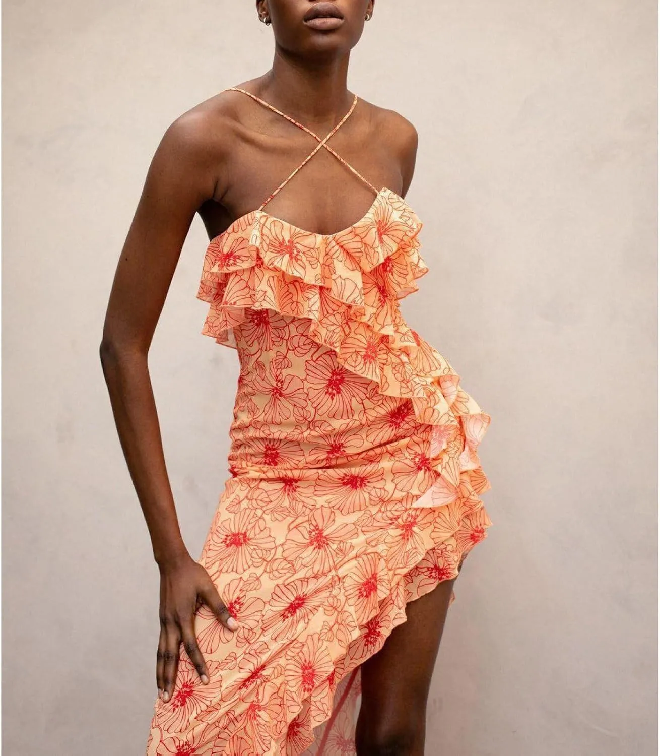 OUSHOP Womens Boho Floral Maxi Dresses Spaghetti Strap Casual Sleeveless Cake Dress Tiered Ruffle Flowy Tiered Dress