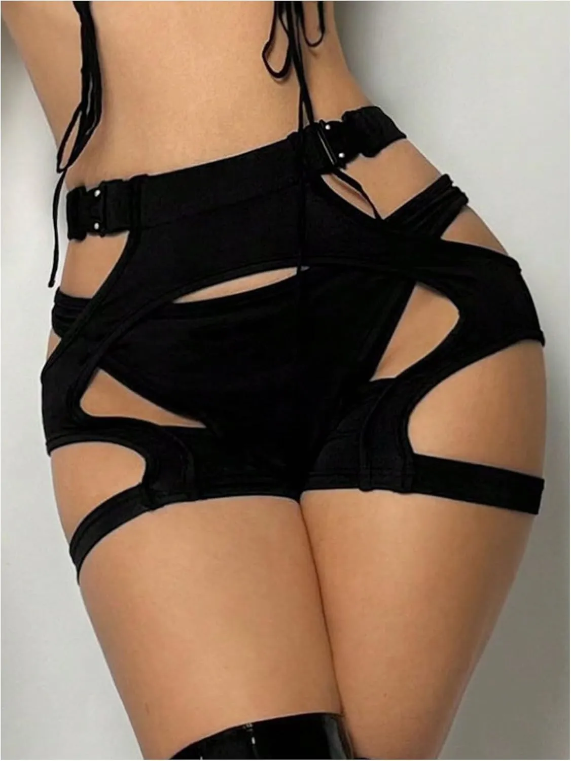 OYOANGLE Women's Buckled Cut Out Front Mini Shorts High Waisted Skinny Y2K Punk Shorts