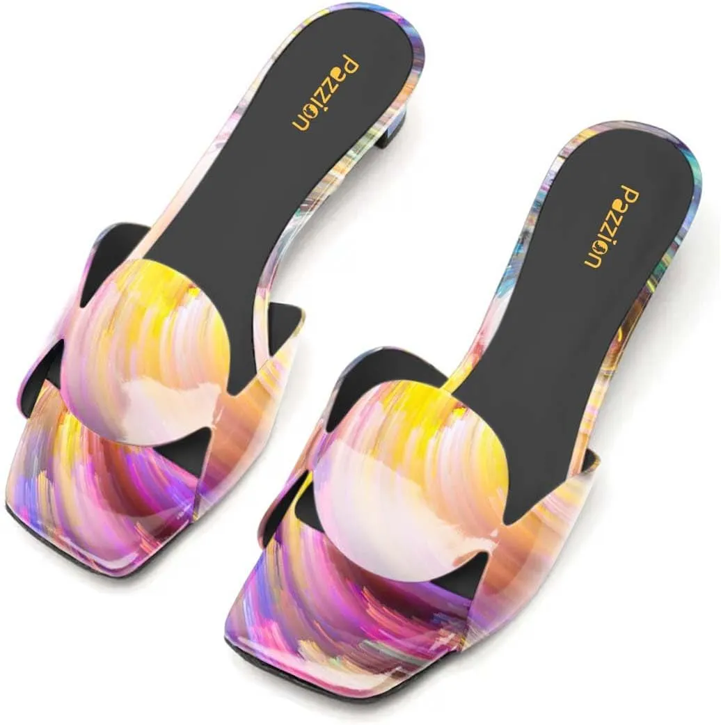 Pazzion Women Circle Slides Sandals Patent Leather Comfortable Low Heels Glossy Open Toe Party Shoes Size 4-16 US