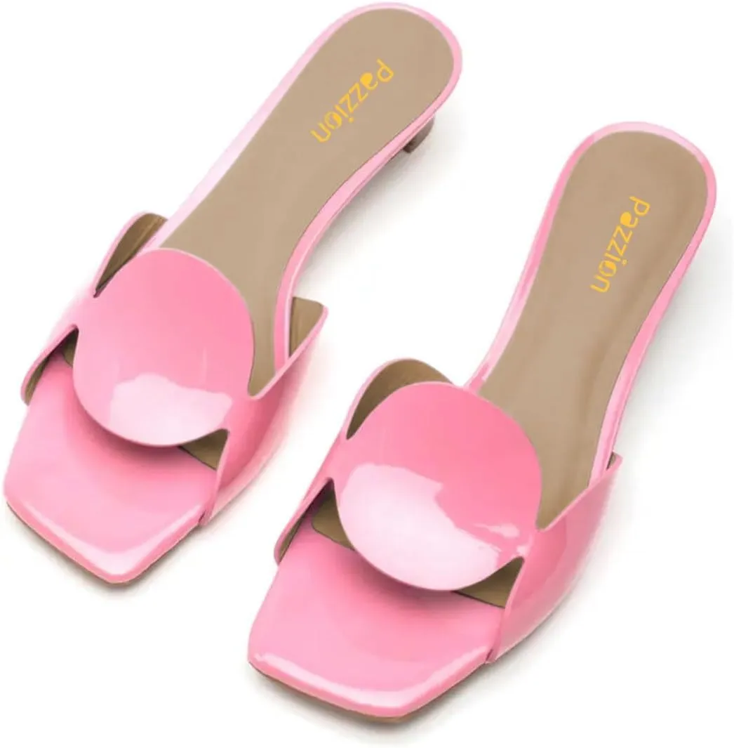 Pazzion Women Circle Slides Sandals Patent Leather Comfortable Low Heels Glossy Open Toe Party Shoes Size 4-16 US