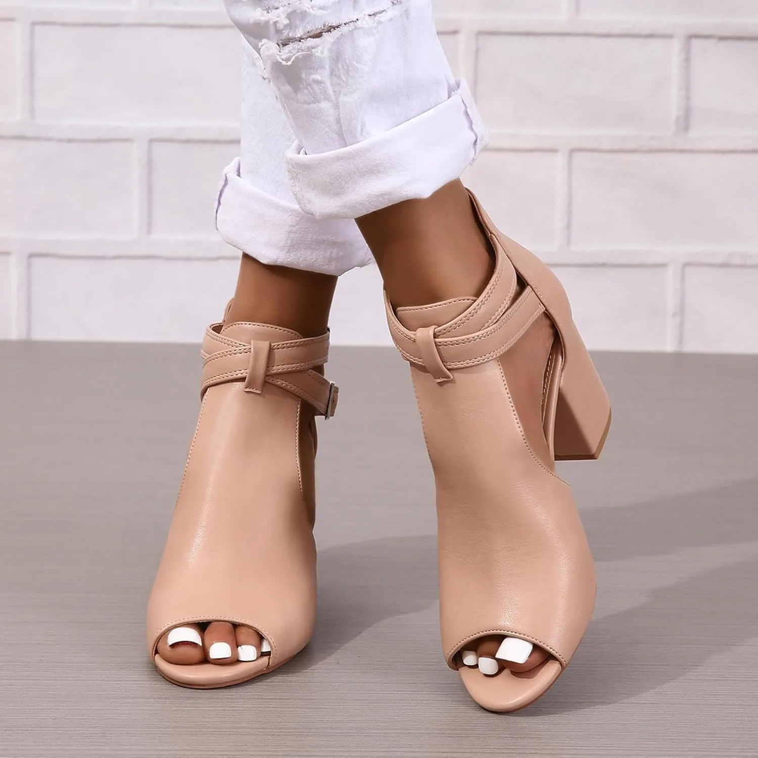 Peep Toe Heeled Sandals for Women Open Toe Side Cutout Chunky Heels Adjustable Ankle Buckle Summer Booties US5-11