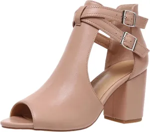 Peep Toe Heeled Sandals for Women Open Toe Side Cutout Chunky Heels Adjustable Ankle Buckle Summer Booties US5-11