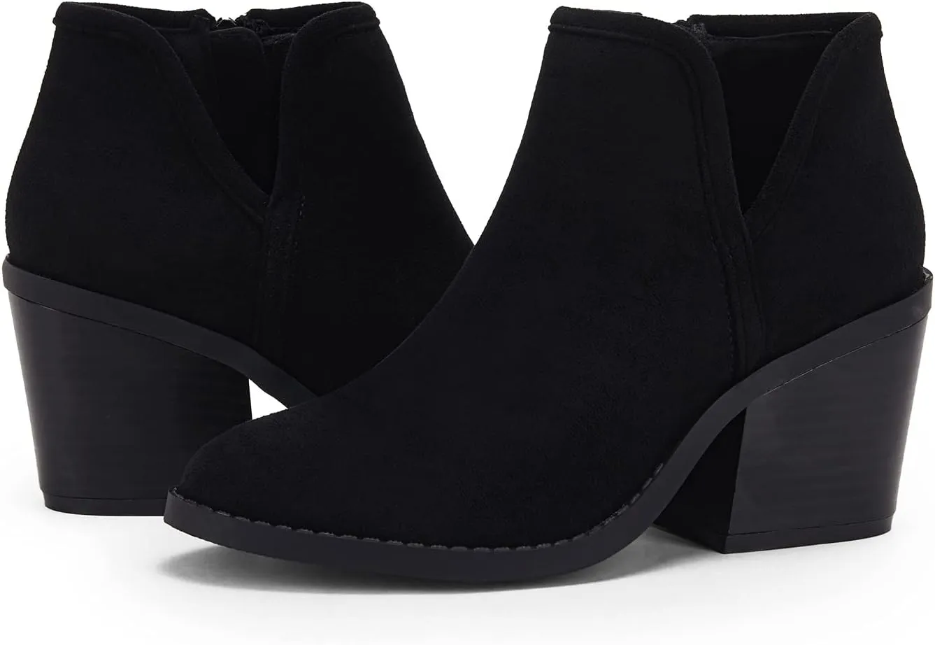 PiePieBuy Womens Ankle Boots Chunky Stacked Heel Slip on Shoes Faux Suede Side Zipper Casual Western Booties
