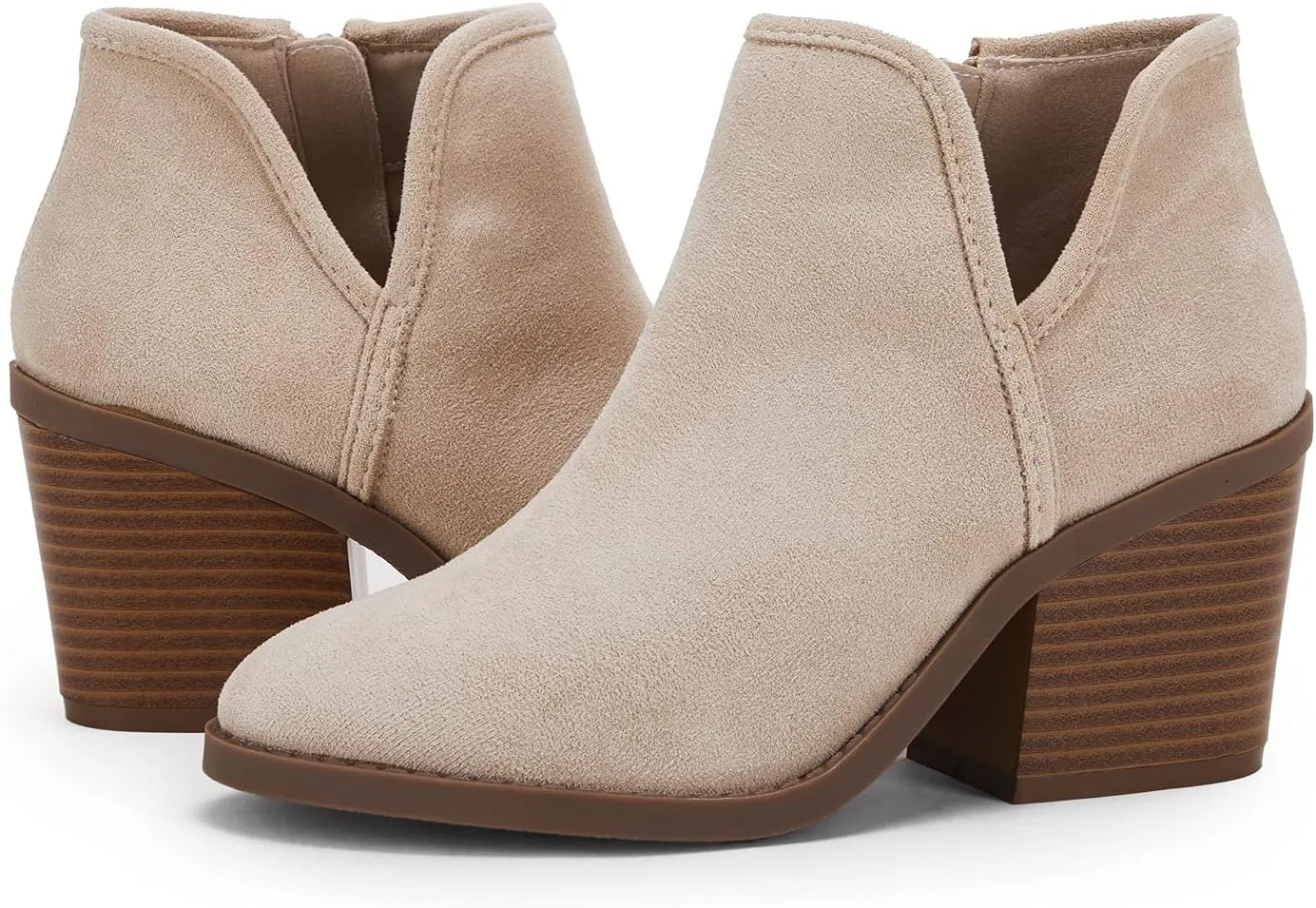 PiePieBuy Womens Ankle Boots Chunky Stacked Heel Slip on Shoes Faux Suede Side Zipper Casual Western Booties