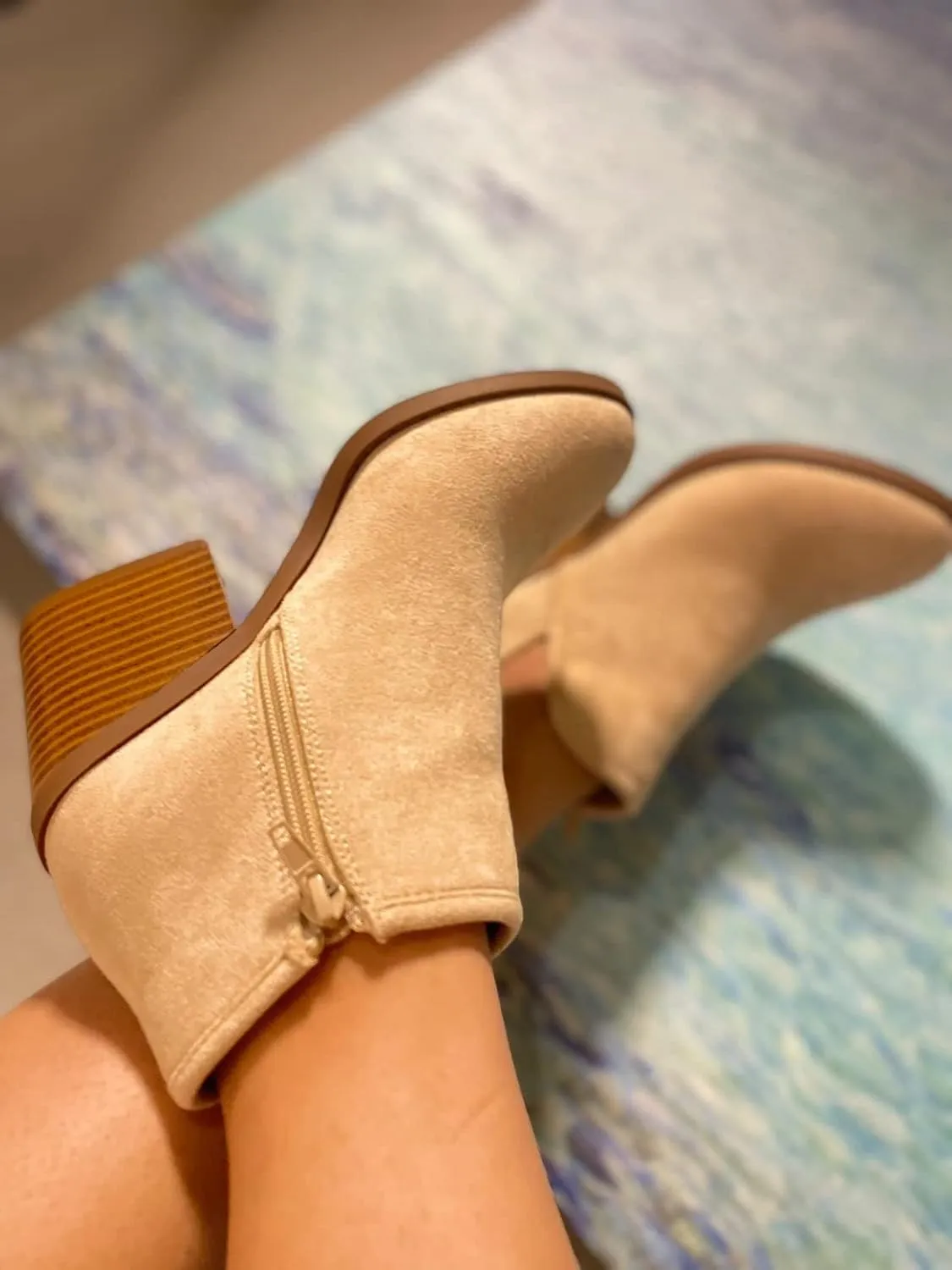 PiePieBuy Womens Ankle Boots Chunky Stacked Heel Slip on Shoes Faux Suede Side Zipper Casual Western Booties